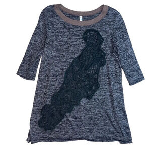 FREE PEOPLE Gray Tunic Black Lace Cutout Top Women’s Size Medium Preppy Boho